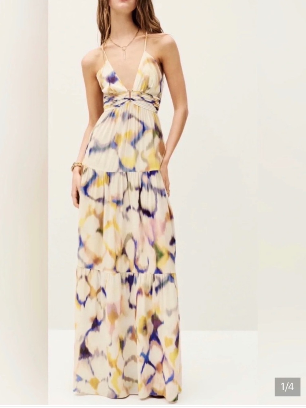 ba&sh Multicolor Watercolor V-Neck Tiered Maxi Dress